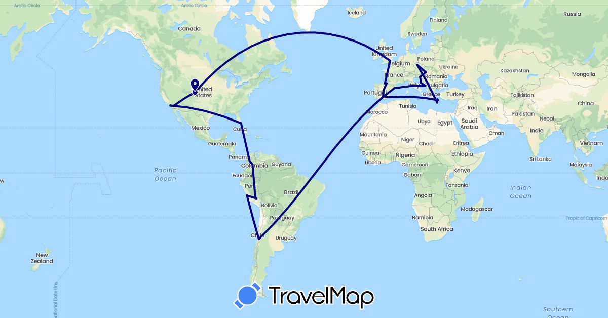 TravelMap itinerary: driving in Chile, Colombia, Czech Republic, Spain, United Kingdom, Greece, Croatia, Hungary, Montenegro, Peru, United States (Europe, North America, South America)